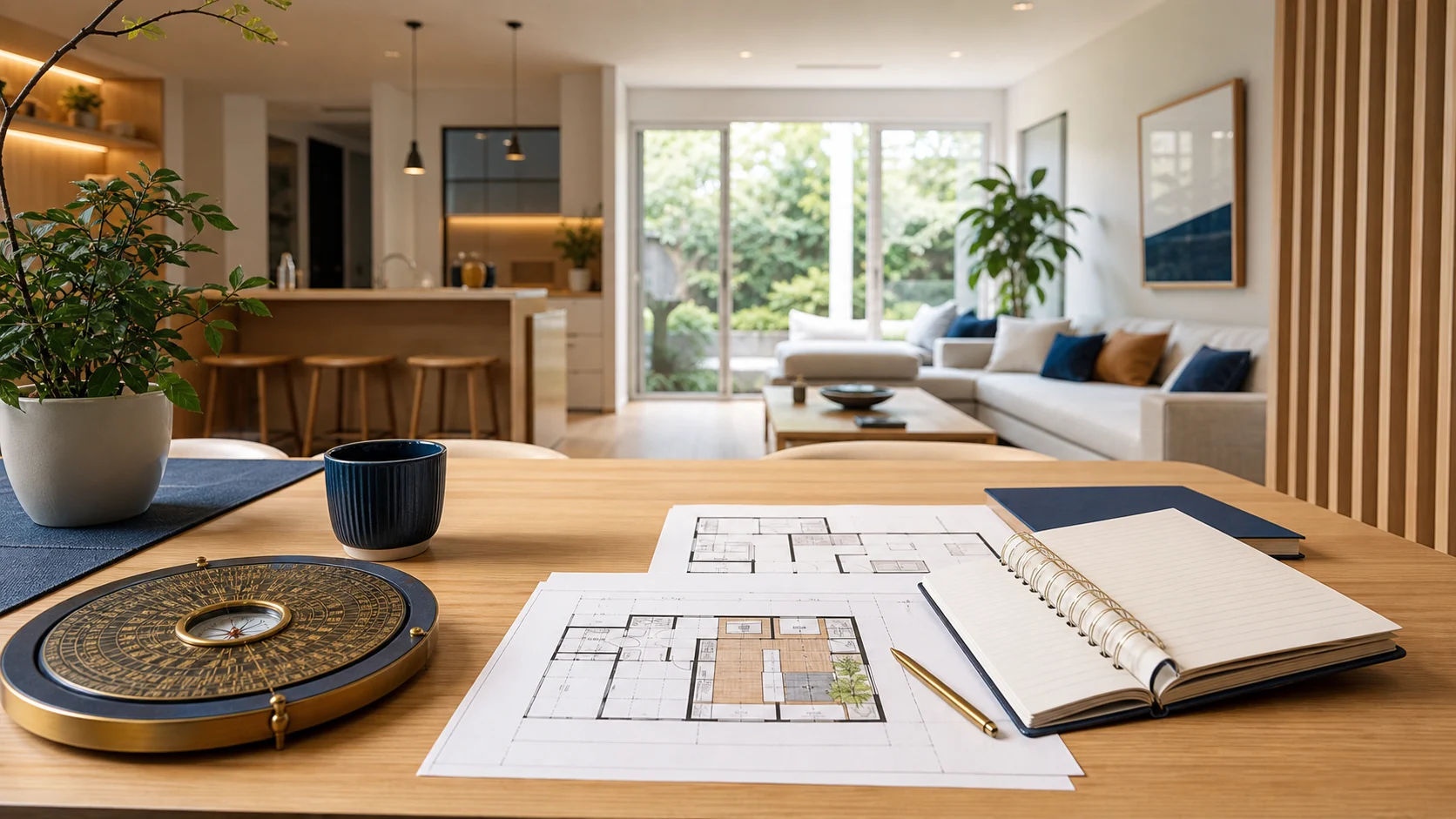 feng shui consultation with a home floor plan, compass, and layout notes on a modern table