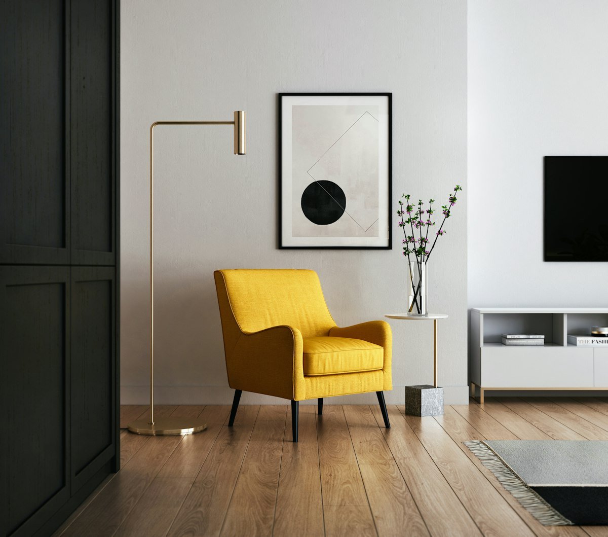 A bright, open living room with sofa in command position, showing balanced feng shui living room layout with clear traffic flow and gathering space