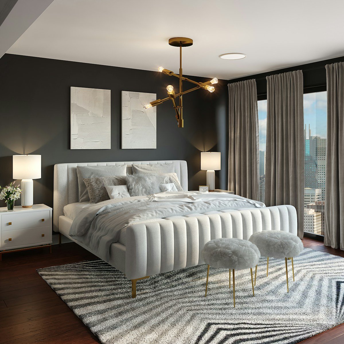 Calm bedroom with a bed positioned according to feng shui bed direction principles, solid headboard against wall